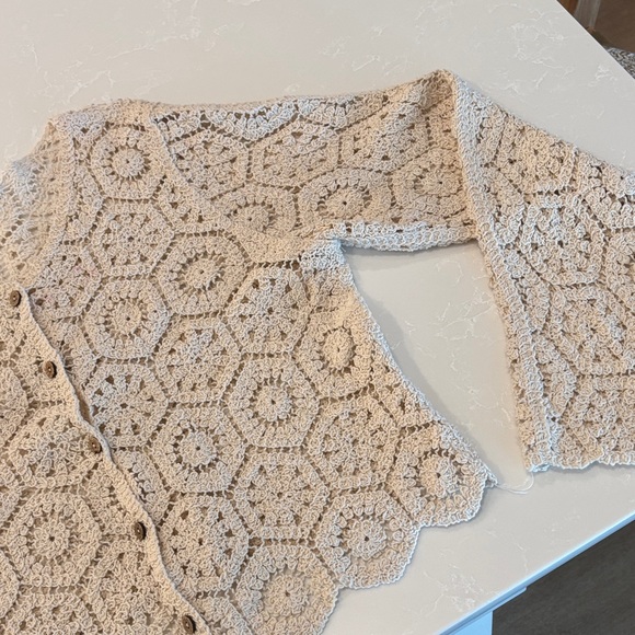 Rebellion Crochet Button-Front Short Sleeve Cardigan - Beige - Picture 2 of 4